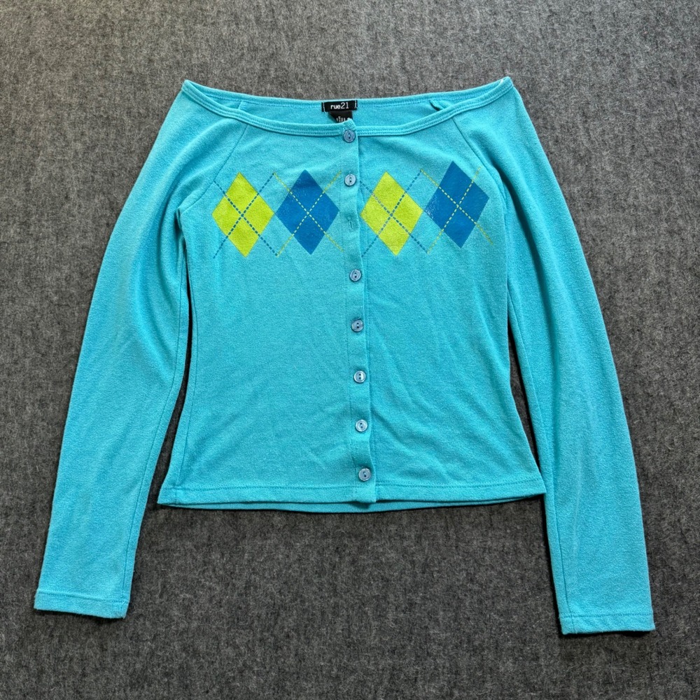 VTG Y2K rue21 Argyle Cardigan Turquoise Blue Off Shoulder Button Front Top S
